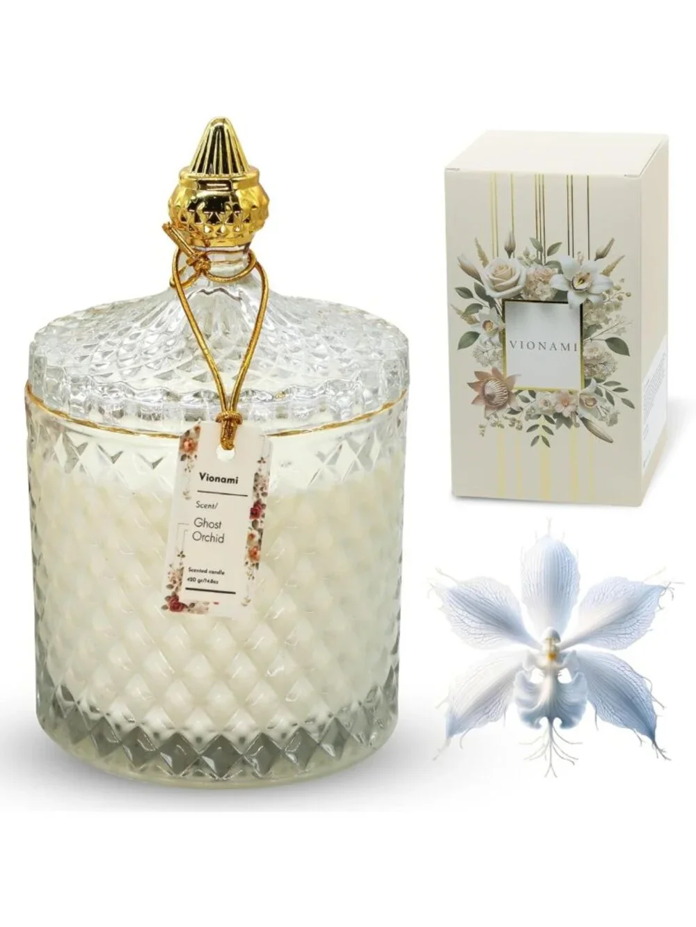 Luxury Scented Candle Gift - Ghost Orchid Fragrance, Soy Wax, 80Hr Burn, Perfect
